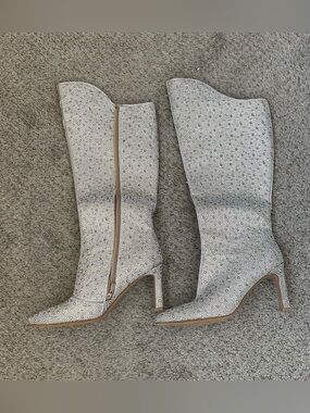 Women's Knee-High Rhinestone Heeled Boots - Cream